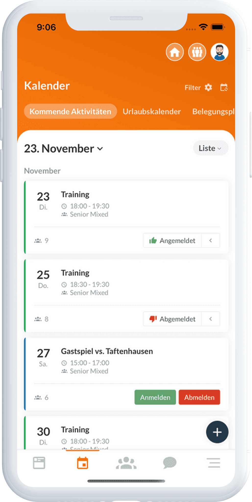 Anwesenheitsliste in der SportMember App mit Angemeldet und Abgemeldet